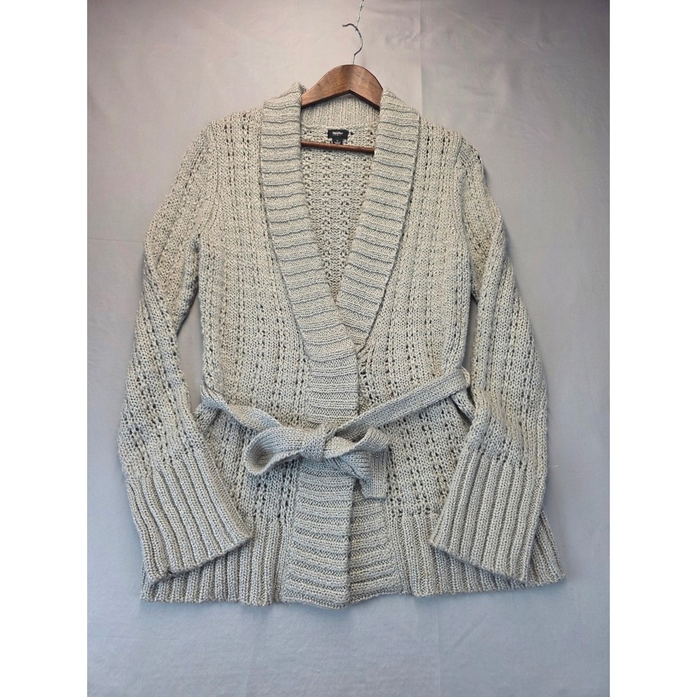 Mossimo Womens Large Gray Metallic Wool Blend Belted Shawl Cardigan Sweater